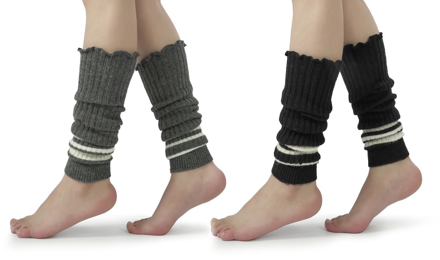 BomKinta Women Leg Warmers with Holes - Warm Ruffle Stripe Leg Sleeves - Winter Knee High Footless Socks