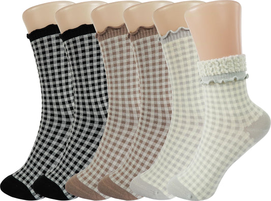 BomKinta Checkered Ruffle Socks Women - Cute Plaid Frilly Sock - Casual Crew Cotton Socks Size 5-9