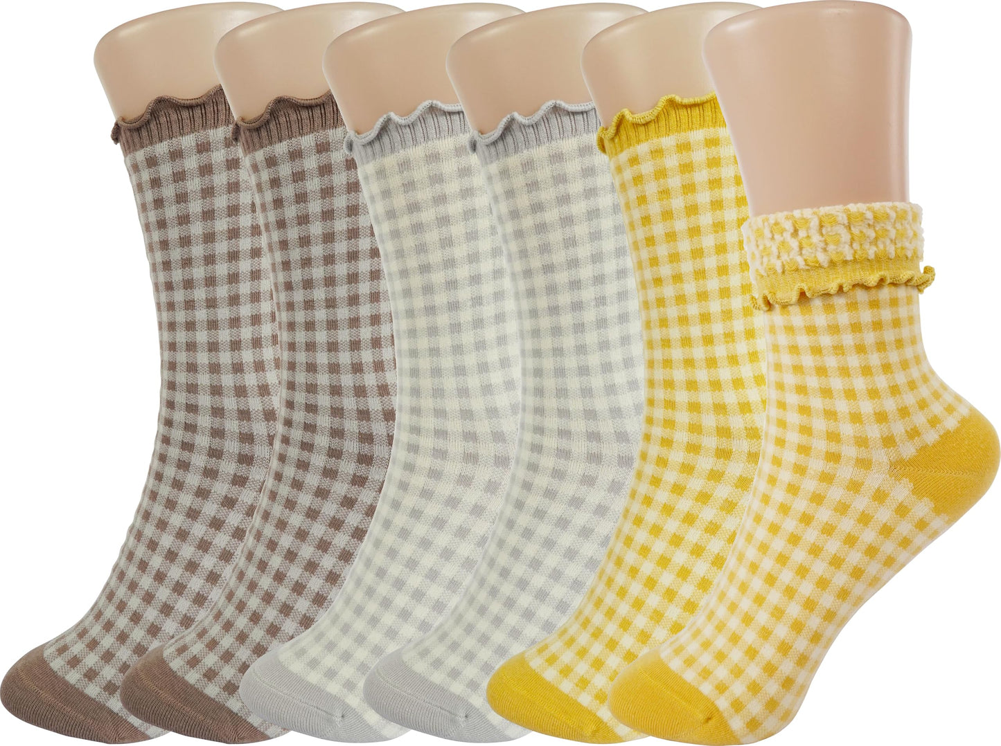 BomKinta Checkered Ruffle Socks Women - Cute Plaid Frilly Sock - Casual Crew Cotton Socks Size 5-9