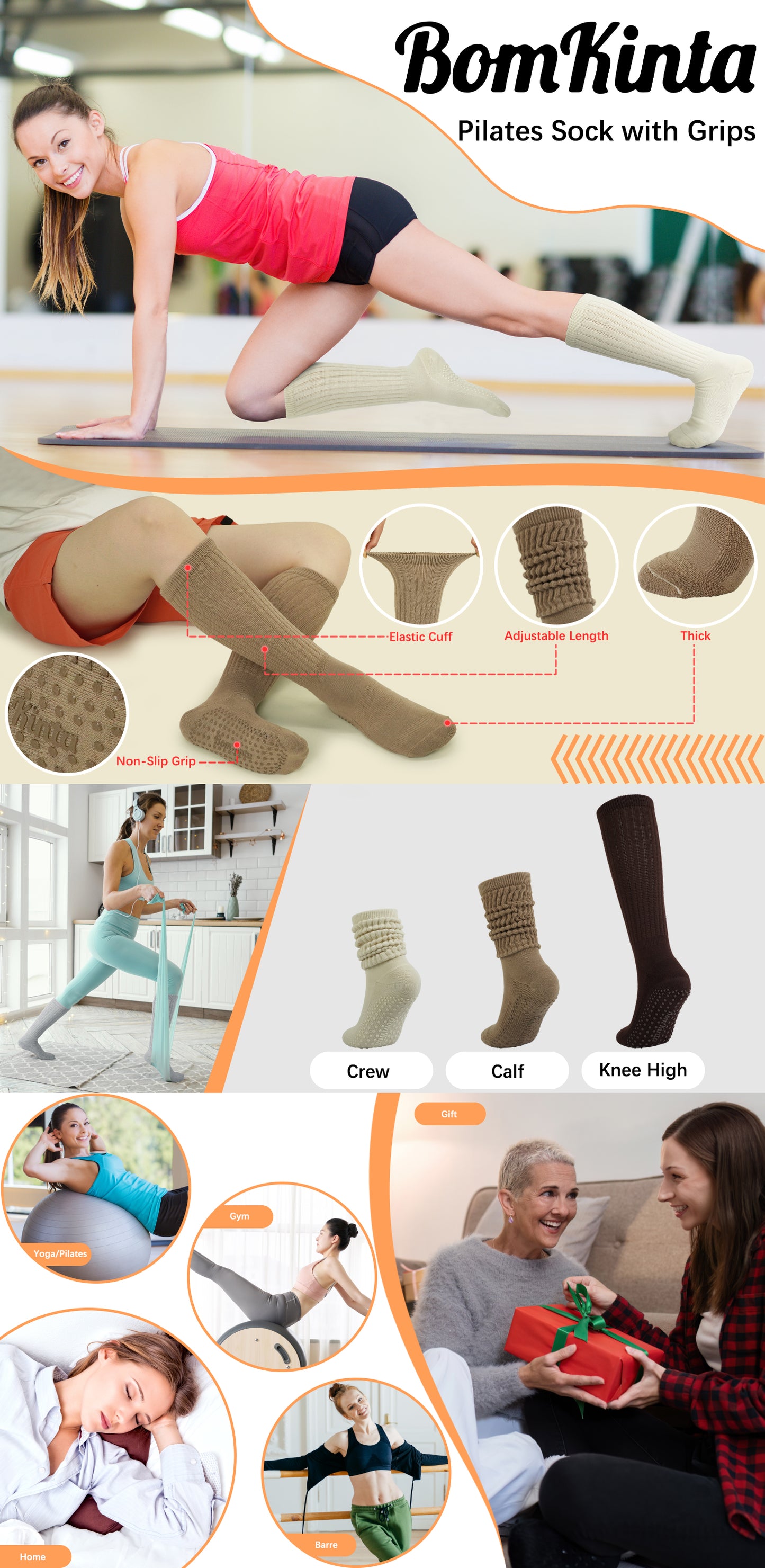 BomKinta Pilates Socks with Grips for Women - Yoga Grippy Slouch Scrunch Sock - Slipper Socks for Barre Workout Hospital